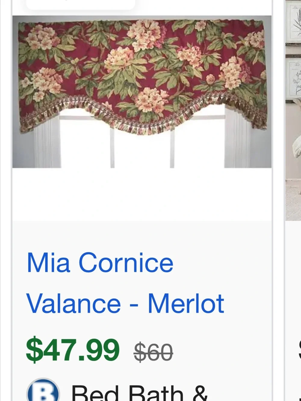 Vintage Burgundy Floral Tassel Valance, one window